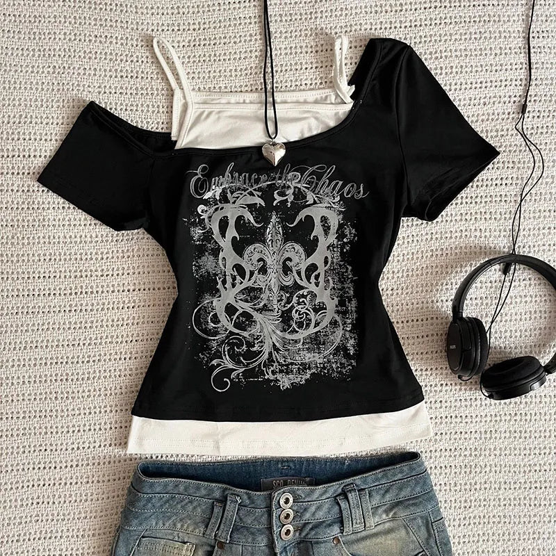 Camiseta feminina punk vintage dos anos 90, moda urbana, sexy, manga curta, gótica, slim, top curto, camiseta casual feminina, harajuku, anos 2000