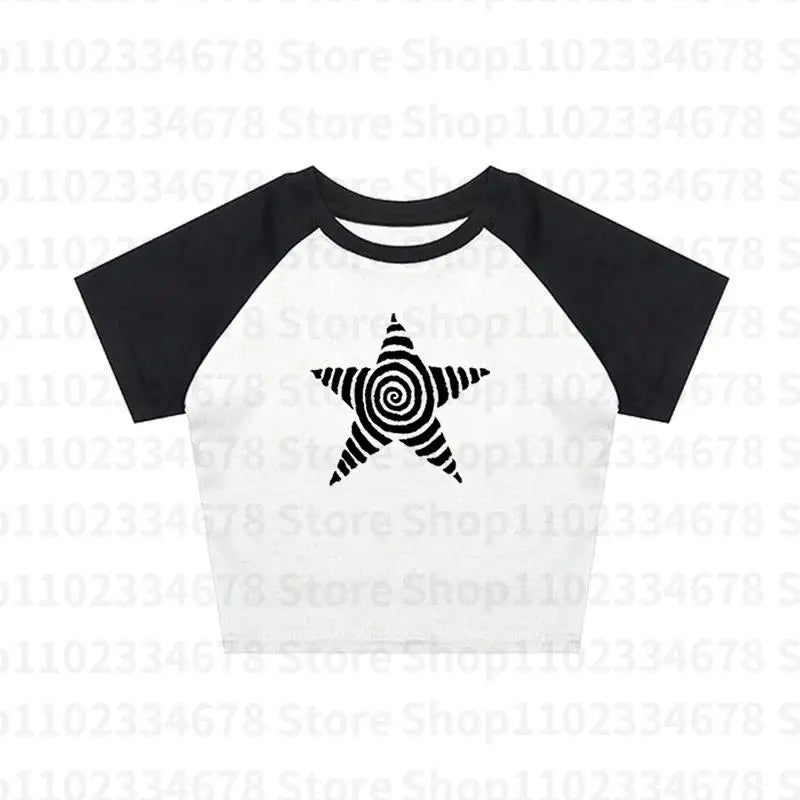 Camiseta estética gótica punk streetwear feminina casual anos 90 vintage grunge estrela estampa gráfica manga curta top curto Y2K meninas emo