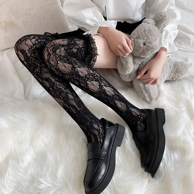 Meias de cano alto com fenda na rua, meias arrastão de renda com tiras, meias de cano alto estilo japonês JK para meninas, meias longas até o joelho Lolita