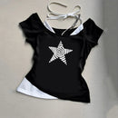 Camiseta casual de verão Y2K, estilo retrô de rua, com decote halter, conjunto de duas peças falsas, estilo de rua moderno