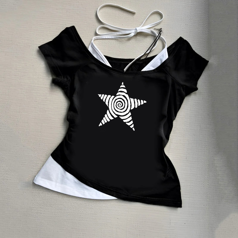 Camiseta casual de verão Y2K, estilo retrô de rua, com decote halter, conjunto de duas peças falsas, estilo de rua moderno