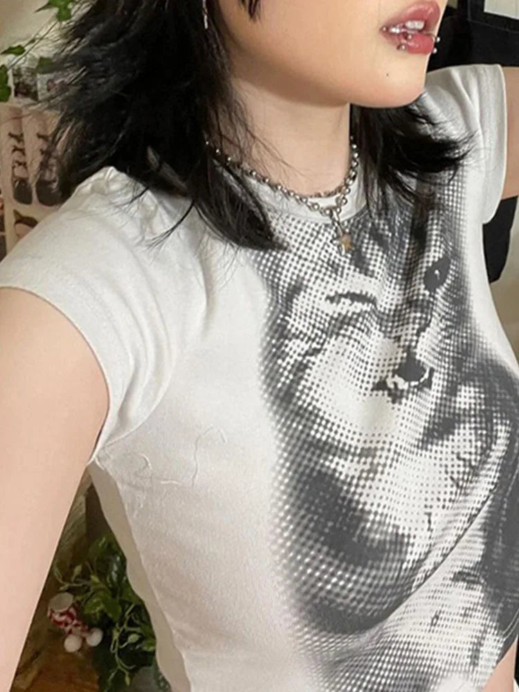 Camiseta curta Harajuku com estampa animal, básica, branca, manga curta, gola redonda, feminina, casual, justa, estilo vintage Y2K