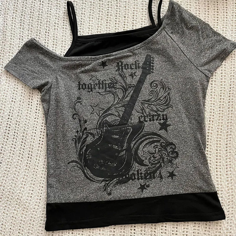 (últimas peças)Y2K Slim Fit Print Top Ombro a Ombro Manga Curta Camiseta Neploe American Vintage Falso Duas Peças Halter Lace Up T-shirts