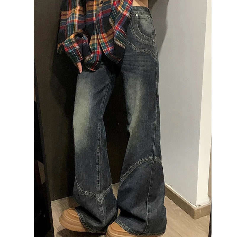 Calça jeans feminina Y2K Spicy Girl Dark Series de perna larga, nova calça flare com emenda solta e cintura alta para mulheres