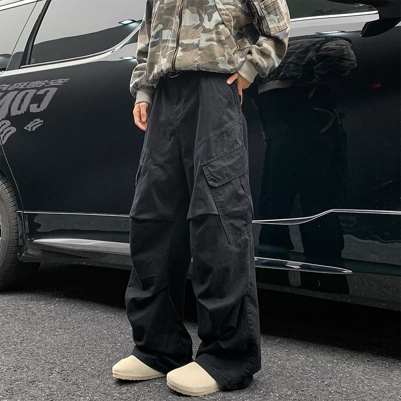 Calça cargo masculina de bolso grande, estilo japonês, estilo harajuku, solta, reta, de perna larga, larga, estilo hip hop