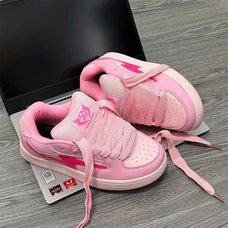 Tênis femininos respiráveis de primavera, sapatos rosa com salto grosso, tênis fofos, plataforma casual para corrida, Y2K, calçados esportivos Lolita