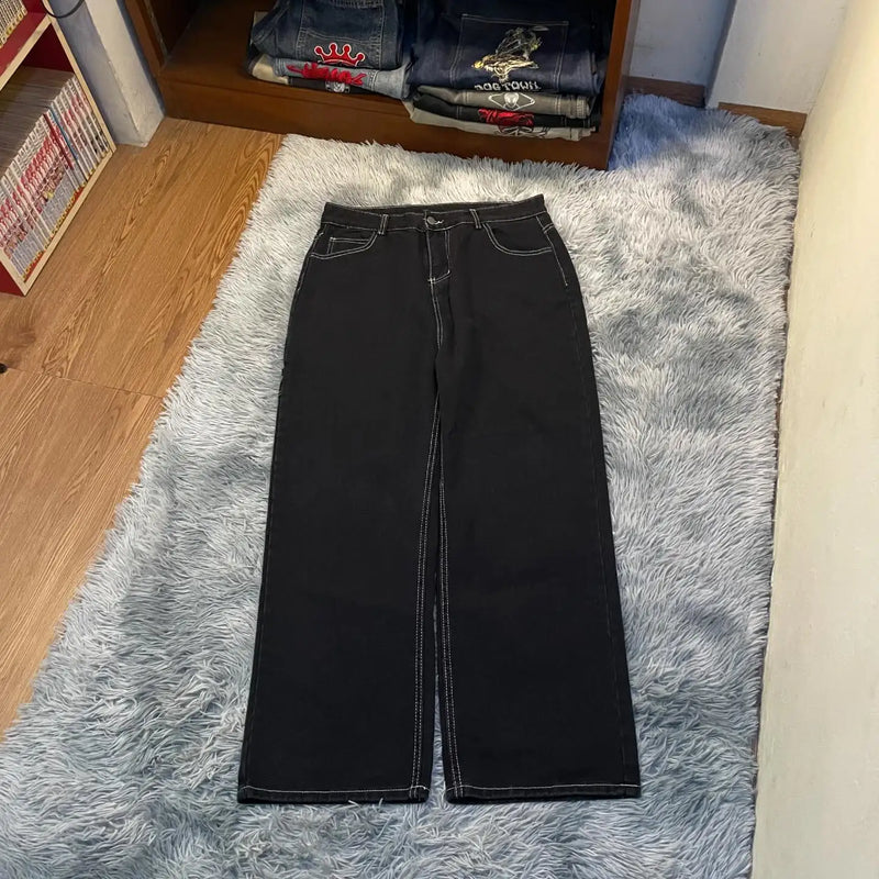 Calças jeans largas pretas bordadas com letras hip-hop Harajuku Y2K para homens e mulheres, moda retrô, nova tendência esportiva