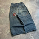 Calças jeans largas pretas bordadas com letras hip-hop Harajuku Y2K para homens e mulheres, moda retrô, nova tendência esportiva