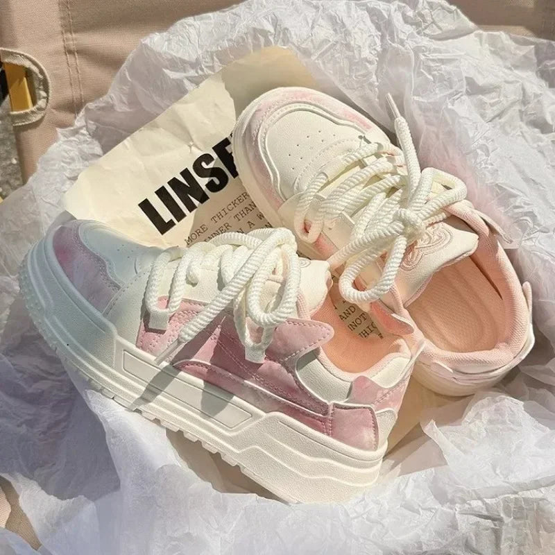 Novos calçados esportivos femininos , lindos, rosa, sola grossa, sapatos vulcanizados versáteis para o dia a dia, tênis feminino Kawaii, calçados baixos femininos