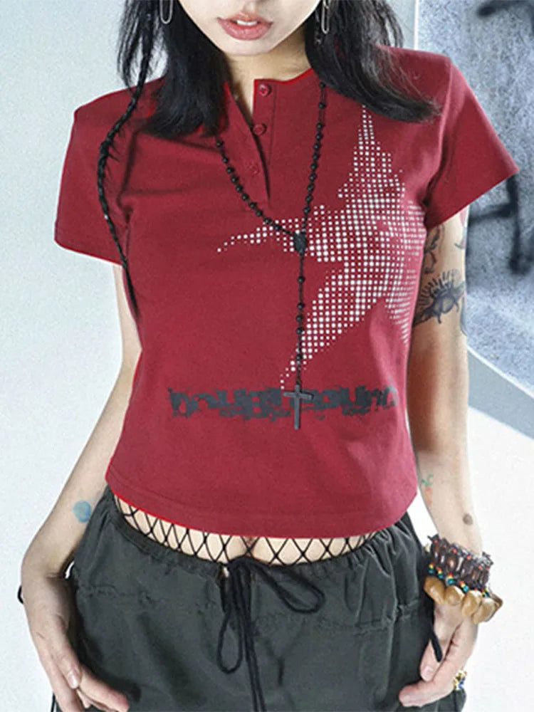 Crop top Harajuku estilo japonês com estampa de estrelas, gola redonda, manga curta, camiseta gráfica Y2K, roupas femininas, moda urbana