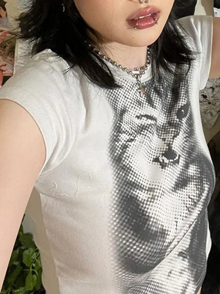 Camiseta curta Harajuku com estampa animal, básica, branca, manga curta, gola redonda, feminina, casual, justa, estilo vintage Y2K