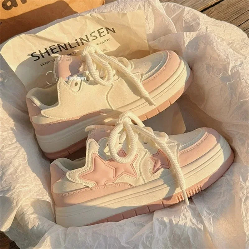 Novos sapatos coreanos Kawaii Rosa Plataforma Tênis Feminino Vintage Vulcanizado Primavera Verão Casual Tênis Feminino Sapatos Rasos
