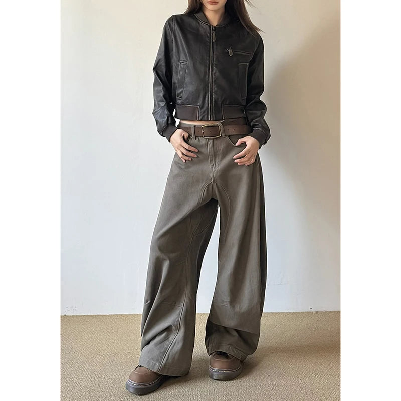 Calça jeans estilo vintage americano anos 2000, cintura alta, estilo camelo, moda primavera feminina, larga, Y2K, perna larga, roupas femininas