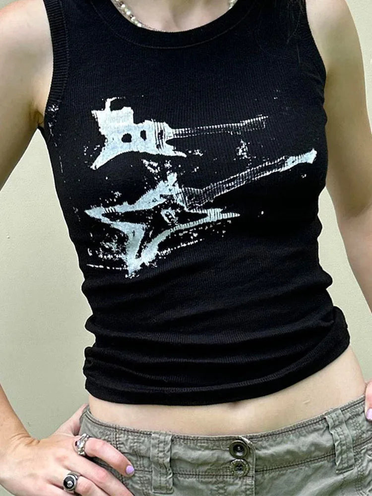Regata sem mangas com estampa de guitarra Y2K casual canelada feminina grunge cropped top Harajuku moda colete camiseta roupas de rua dos anos 90