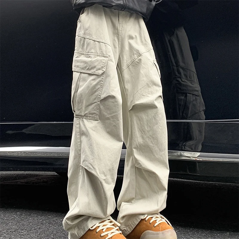 Calça cargo masculina de bolso grande, estilo japonês, estilo harajuku, solta, reta, de perna larga, larga, estilo hip hop