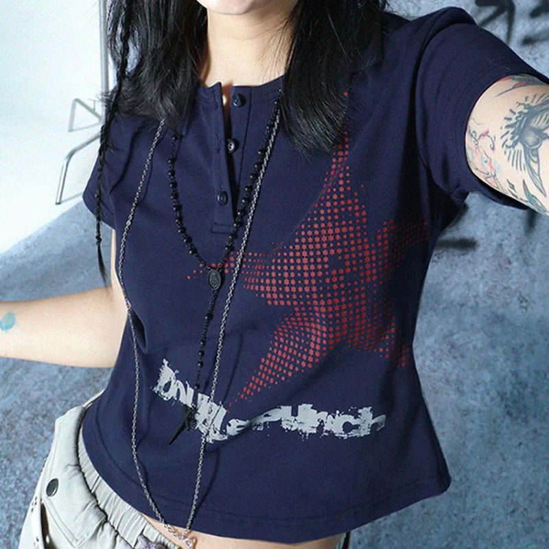 Crop top Harajuku estilo japonês com estampa de estrelas, gola redonda, manga curta, camiseta gráfica Y2K, roupas femininas, moda urbana