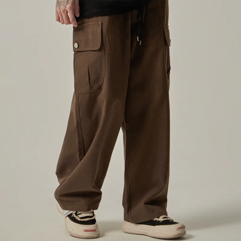 Calça de moletom masculina  primavera outono vintage japonesa perna larga reta solta botão bolsos grandes calças cargo calças com cordão