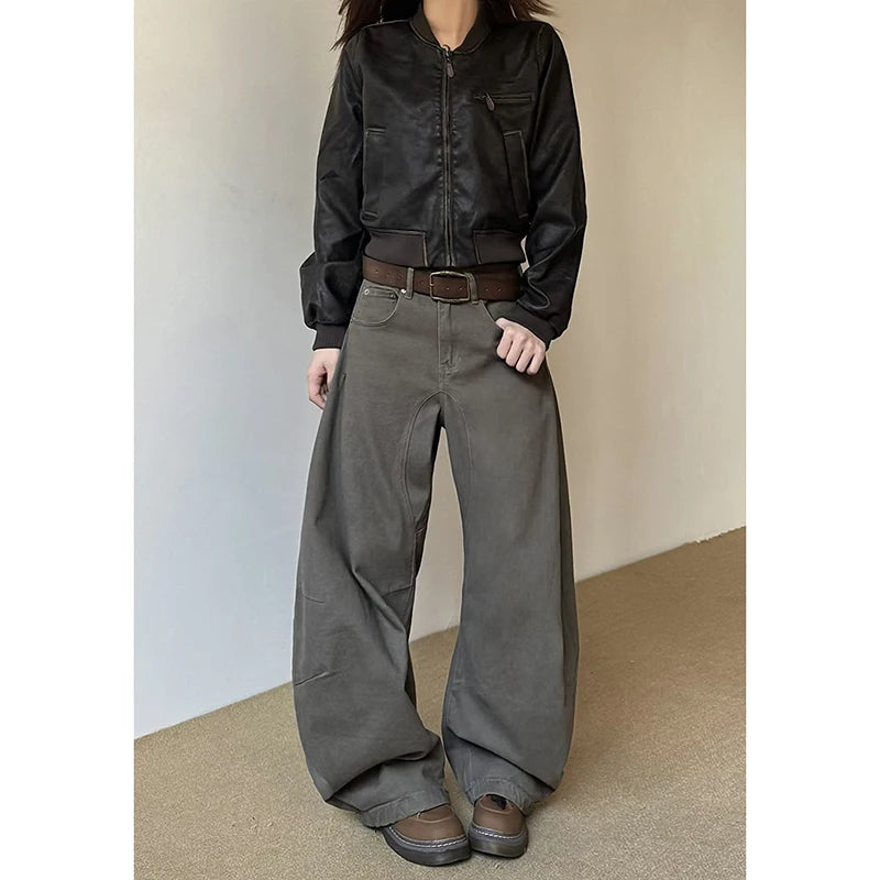 Calça jeans estilo vintage americano anos 2000, cintura alta, estilo camelo, moda primavera feminina, larga, Y2K, perna larga, roupas femininas