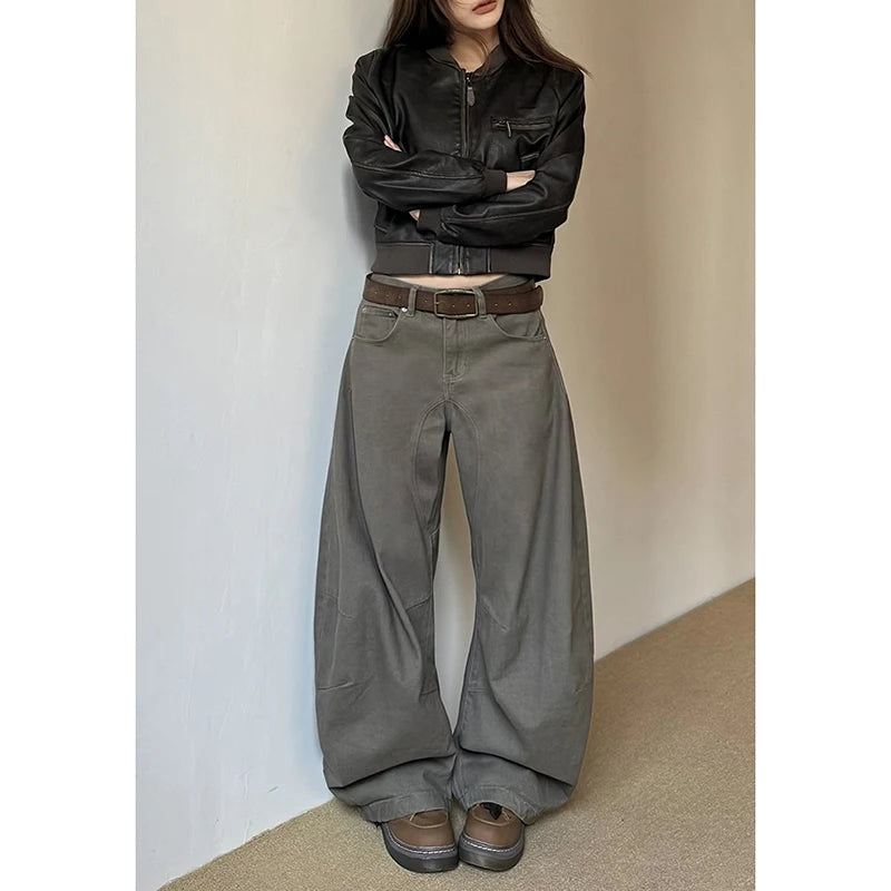 Calça jeans estilo vintage americano anos 2000, cintura alta, estilo camelo, moda primavera feminina, larga, Y2K, perna larga, roupas femininas