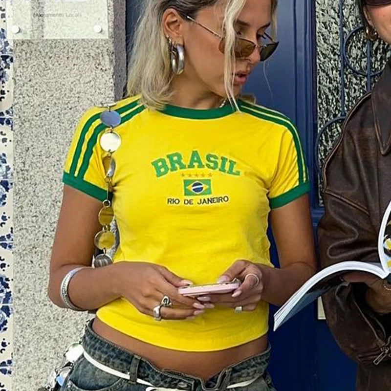 Top curto feminino de verão, estilo 5 estrelas, estilo Brasil, Y2K