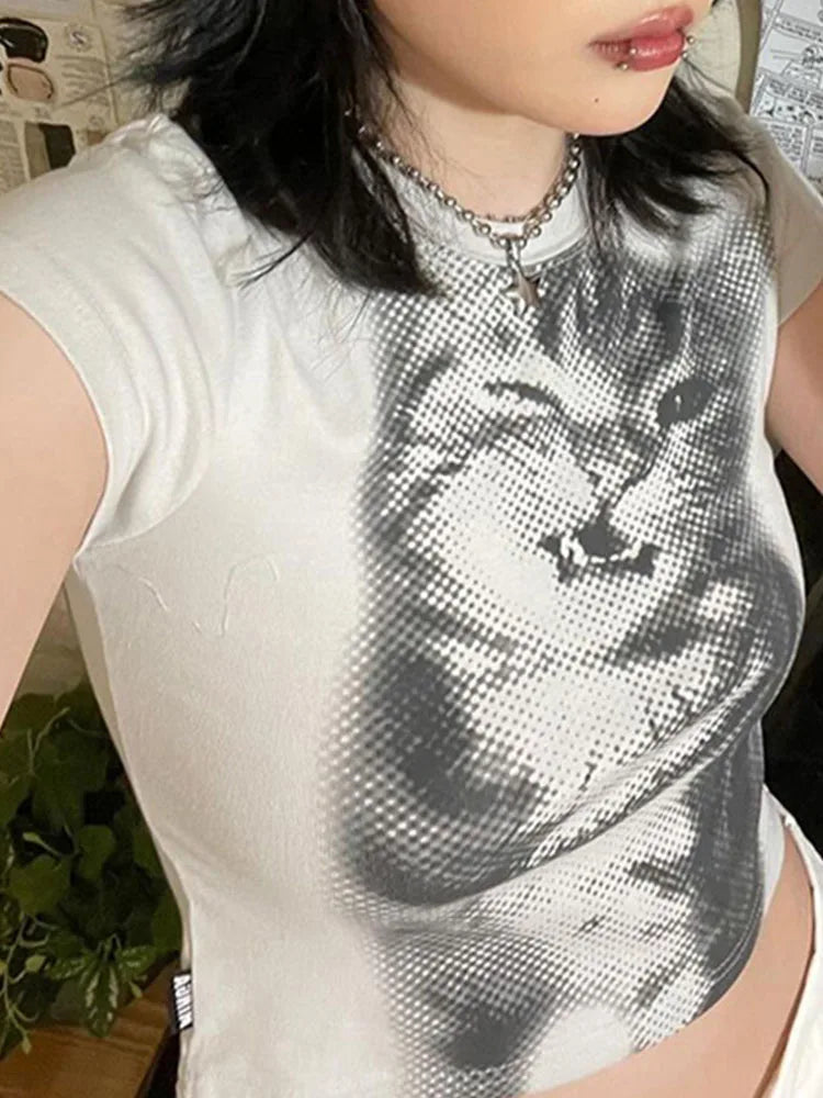 Camiseta curta Harajuku com estampa animal, básica, branca, manga curta, gola redonda, feminina, casual, justa, estilo vintage Y2K