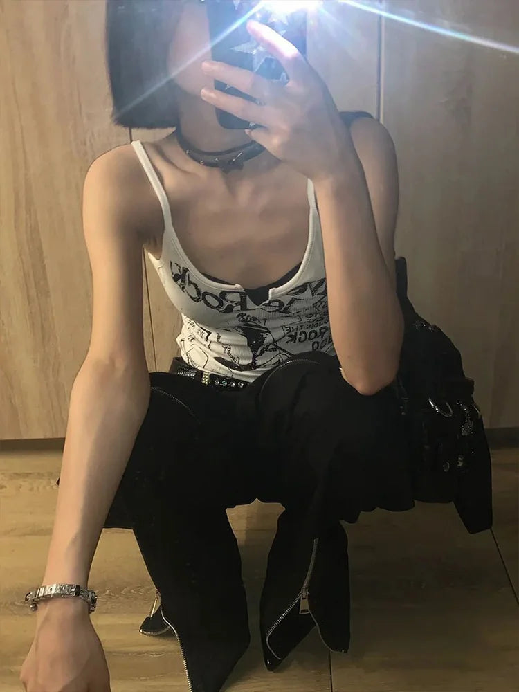 Camiseta regata feminina de malha canelada sem mangas com estampa punk Y2K E-Girl, estilo cropped dos anos 2000, estilo fada de verão, grunge, hippie dos anos 90, moda coreana