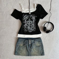Camiseta feminina punk vintage dos anos 90, moda urbana, sexy, manga curta, gótica, slim, top curto, camiseta casual feminina, harajuku, anos 2000