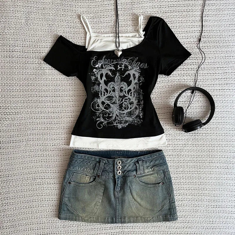 Camiseta feminina punk vintage dos anos 90, moda urbana, sexy, manga curta, gótica, slim, top curto, camiseta casual feminina, harajuku, anos 2000