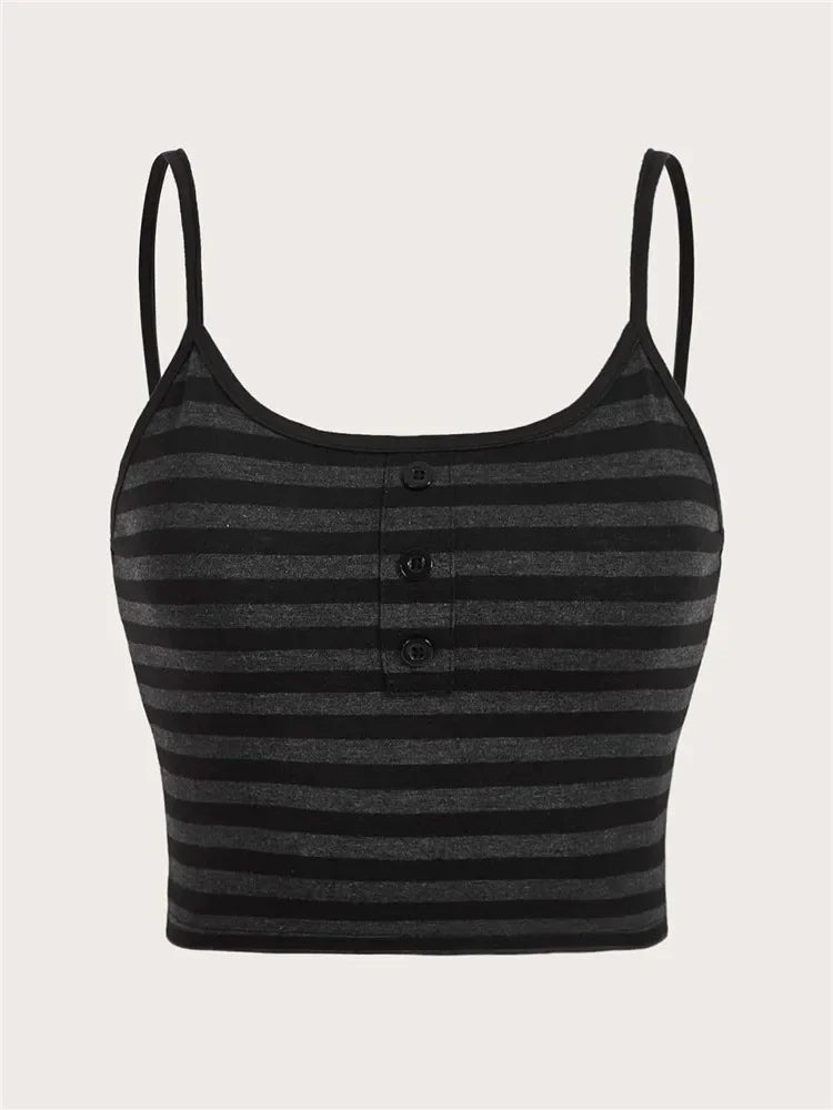 Goth Punk Listrado Botão Cami Top Feminino Verão Y2K Roupas Grunge High Street Sem Mangas Alcinhas Cropped Top Streetwear