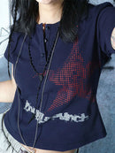 Crop top Harajuku estilo japonês com estampa de estrelas, gola redonda, manga curta, camiseta gráfica Y2K, roupas femininas, moda urbana