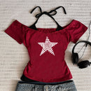 Camiseta casual de verão Y2K, estilo retrô de rua, com decote halter, conjunto de duas peças falsas, estilo de rua moderno