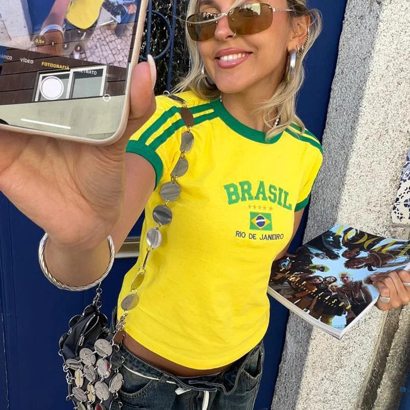 Top curto feminino de verão, estilo 5 estrelas, estilo Brasil, Y2K