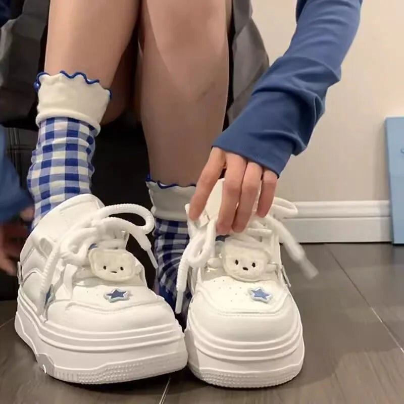 Tênis feminino plataforma azul kawaii, calçado branco coreano, primavera verão, vulcanizado, calçado casual fofo, skate, tênis feminino