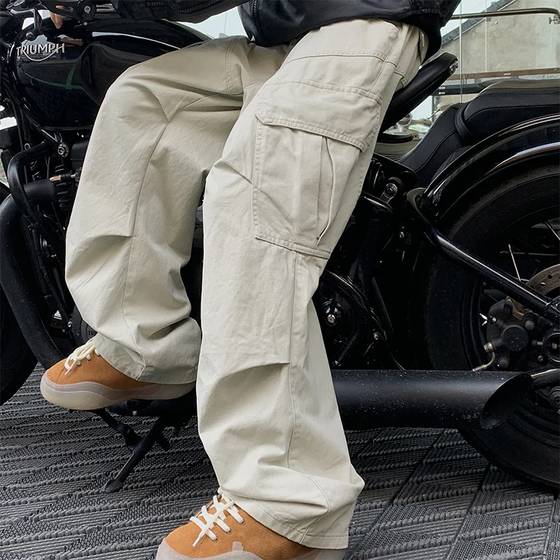 Calça cargo masculina de bolso grande, estilo japonês, estilo harajuku, solta, reta, de perna larga, larga, estilo hip hop