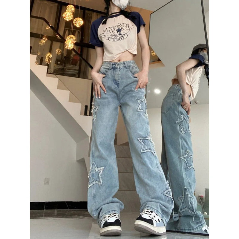 Calça jeans feminina retrô americana de rua, primavera e outono, novo design, bordado, cintura alta, fina, perna larga, maré