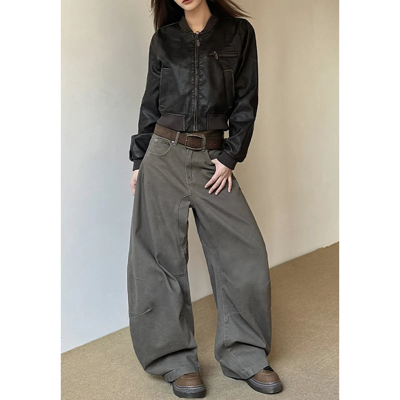 Calça jeans estilo vintage americano anos 2000, cintura alta, estilo camelo, moda primavera feminina, larga, Y2K, perna larga, roupas femininas