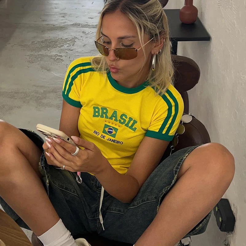Top curto feminino de verão, estilo 5 estrelas, estilo Brasil, Y2K