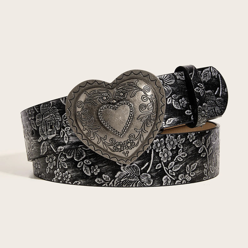 Cinto de couro PU com padrão de fivela de amor, jeans casual e moderno