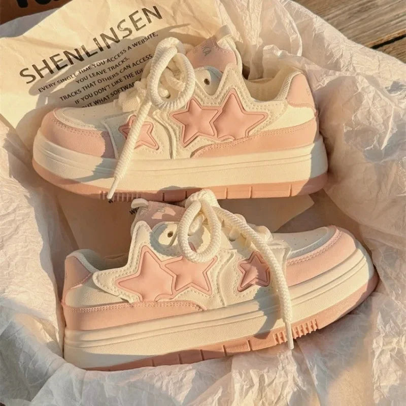 Novos sapatos coreanos Kawaii Rosa Plataforma Tênis Feminino Vintage Vulcanizado Primavera Verão Casual Tênis Feminino Sapatos Rasos