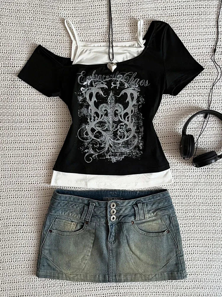 Camiseta feminina punk vintage dos anos 90, moda urbana, sexy, manga curta, gótica, slim, top curto, camiseta casual feminina, harajuku, anos 2000