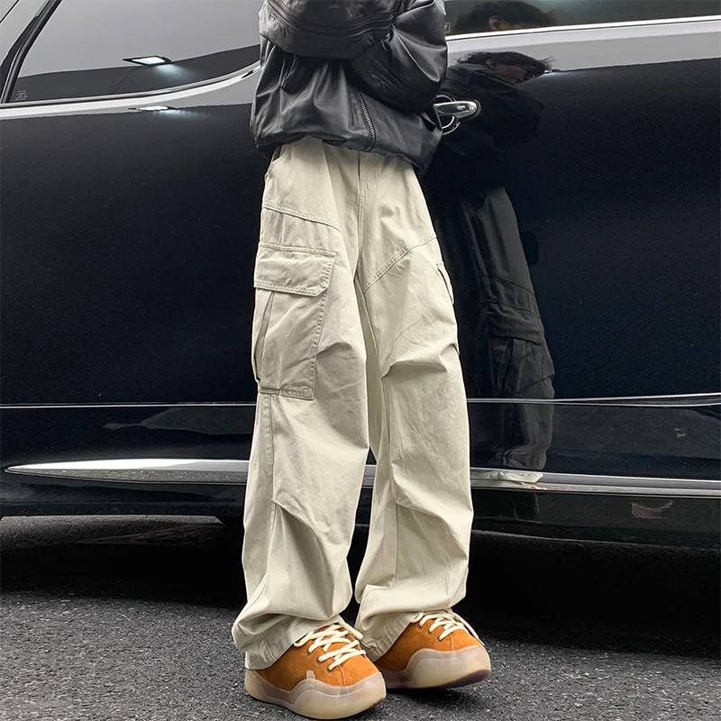 Calça cargo masculina de bolso grande, estilo japonês, estilo harajuku, solta, reta, de perna larga, larga, estilo hip hop