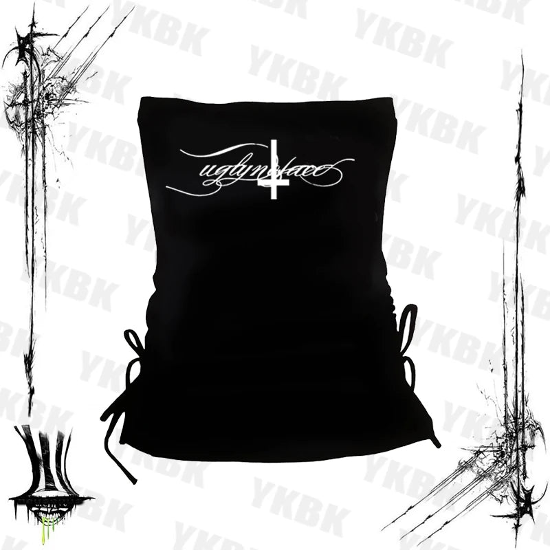 Sutiã com estampa de letras cruzadas, casual, streetwear, harajuku, grunge, punk, Y2K, top curto, chique, sexy, com acabamento em renda, emo, hip hop, feminino