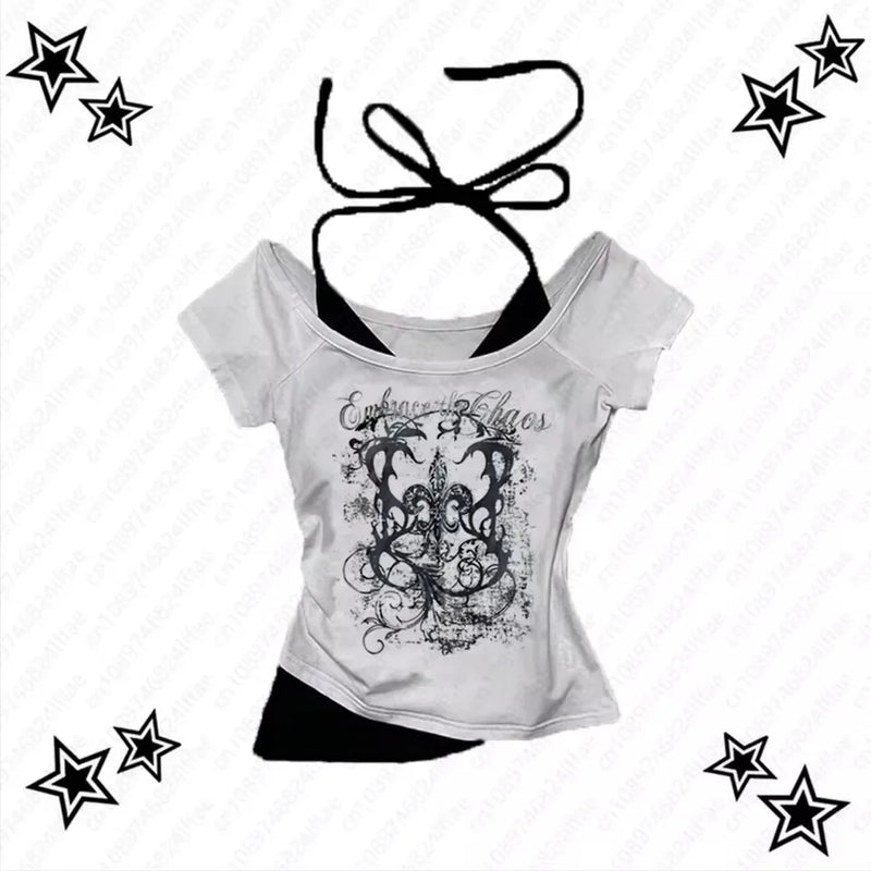 Camiseta feminina punk vintage dos anos 90, moda urbana, sexy, manga curta, gótica, slim, top curto, camiseta casual feminina, harajuku, anos 2000