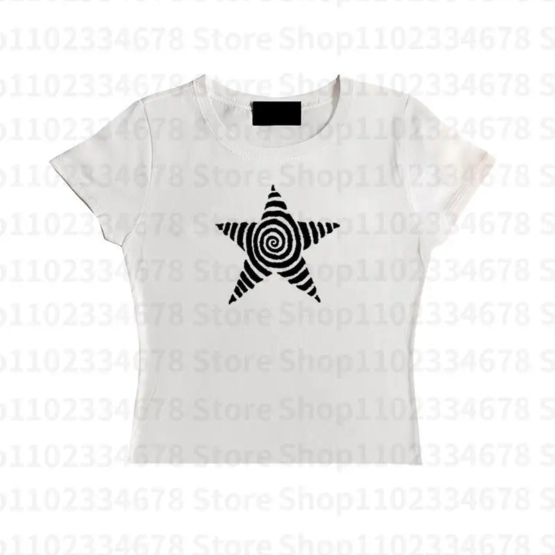 Camiseta estética gótica punk streetwear feminina casual anos 90 vintage grunge estrela estampa gráfica manga curta top curto Y2K meninas emo