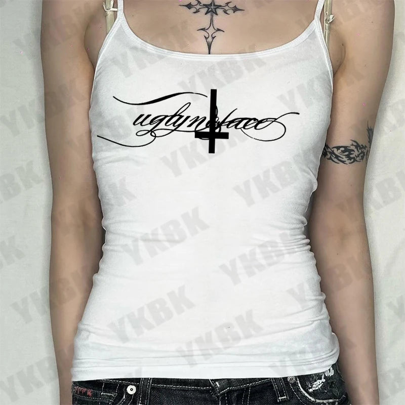 Sutiã com estampa de letras cruzadas, casual, streetwear, harajuku, grunge, punk, Y2K, top curto, chique, sexy, com acabamento em renda, emo, hip hop, feminino