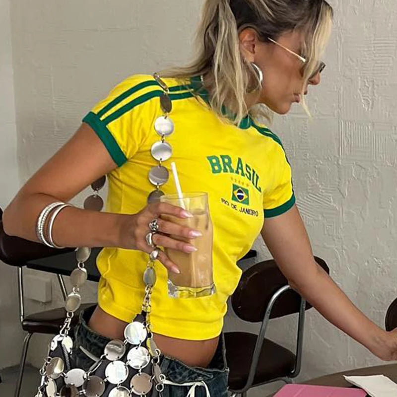 Top curto feminino de verão, estilo 5 estrelas, estilo Brasil, Y2K