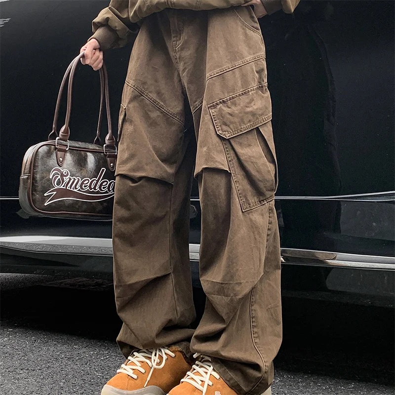 Calça cargo masculina de bolso grande, estilo japonês, estilo harajuku, solta, reta, de perna larga, larga, estilo hip hop
