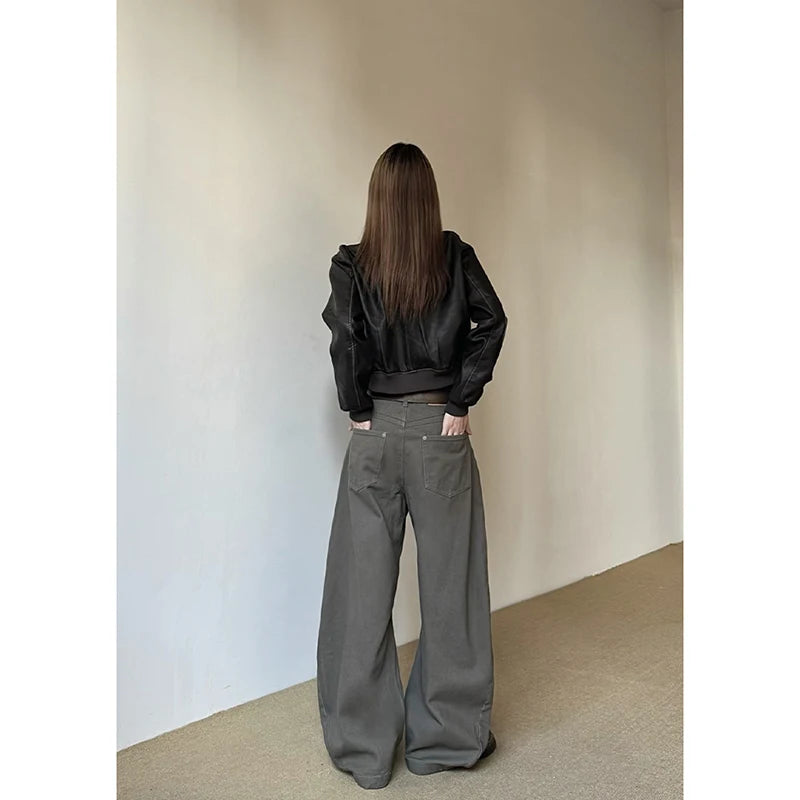 Calça jeans estilo vintage americano anos 2000, cintura alta, estilo camelo, moda primavera feminina, larga, Y2K, perna larga, roupas femininas