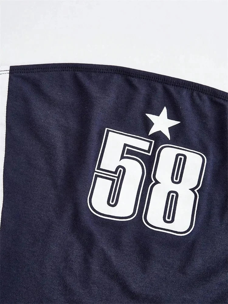Top curto feminino com estampa de letras e estrelas, moda verão Y2K, ombro de fora, costas nuas, moda urbana