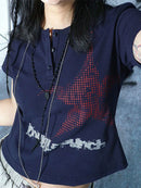 Crop top Harajuku estilo japonês com estampa de estrelas, gola redonda, manga curta, camiseta gráfica Y2K, roupas femininas, moda urbana